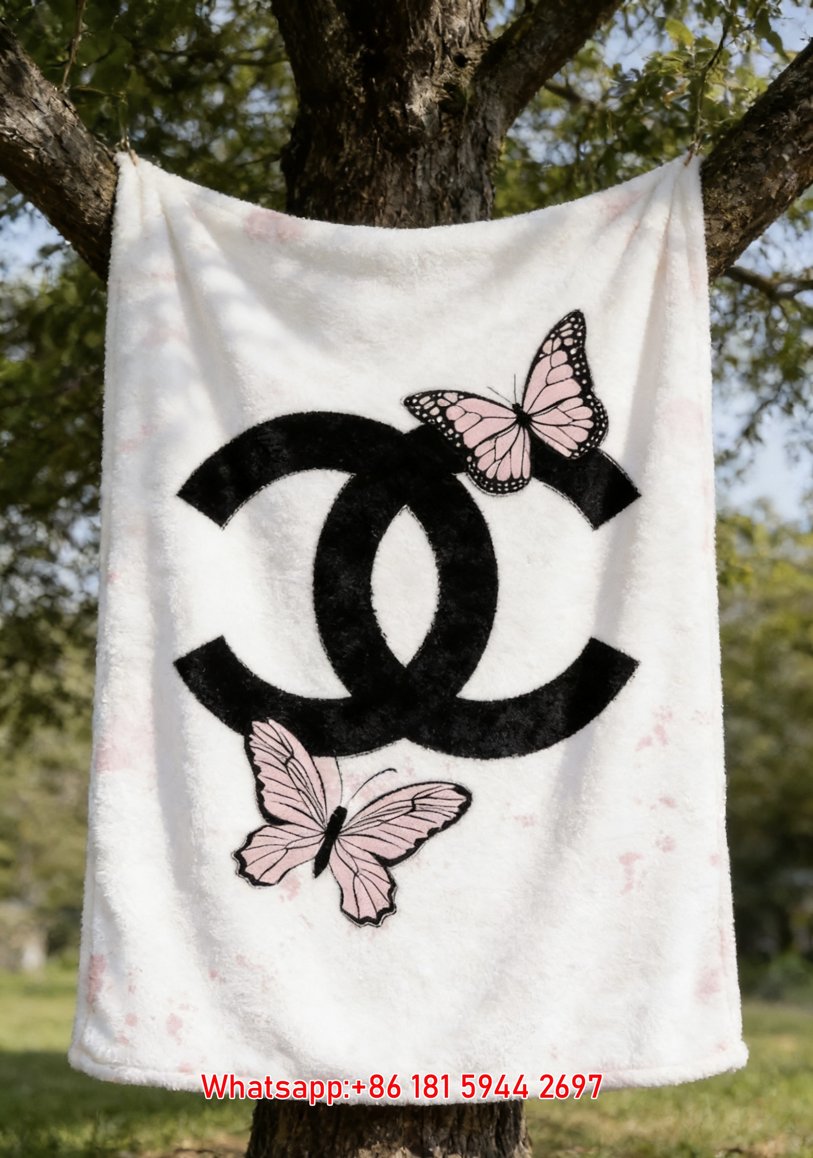 Chanel Pink Butterfly CC Logo Flannel Throw Blanket IMG_7039